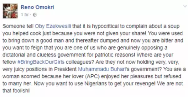 Someone tell Oby Ezekwesili that it is hypocritical to complain about a soup you helped cook because you were not given your share -  Reno Omokri